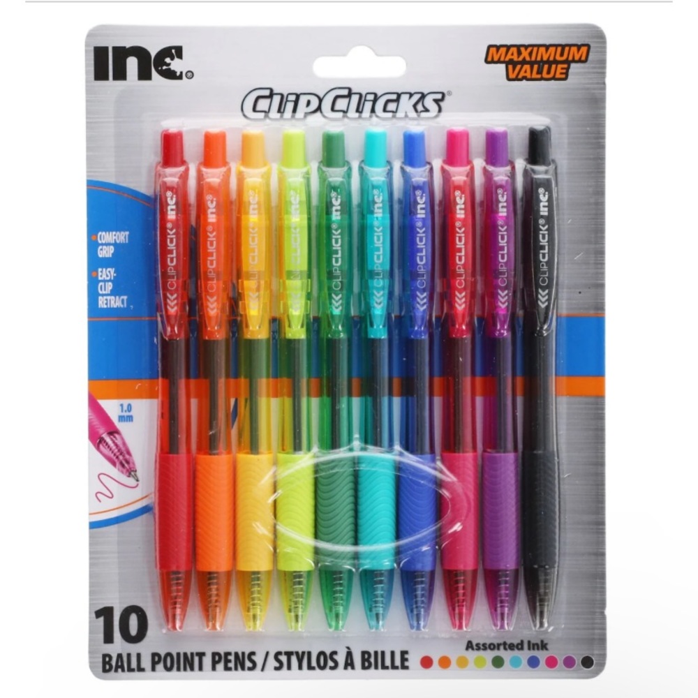Inc ClipClicks Assorted Ink Ball Point Pens - 10ct